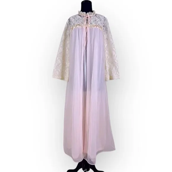 Vintage 70s Movie Star Nightgown Peignoir Robe Set Medium Lace Pink Nylon USA
